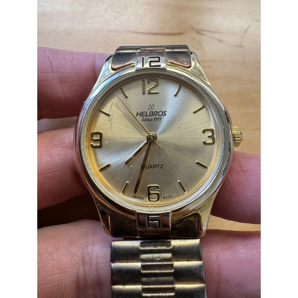 Helbros Since 1913 Mens Quartz Watch Gold Tone Expansion Band PC21 Movement